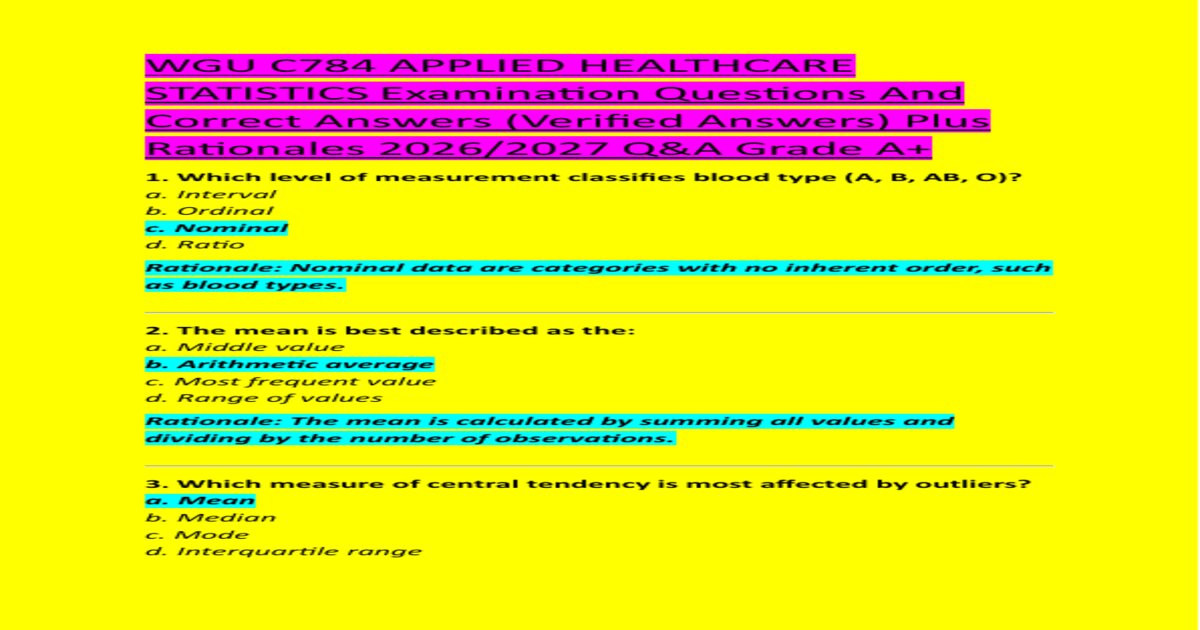 Wgu c784 applied healthcare statistics examination questions and correct answers