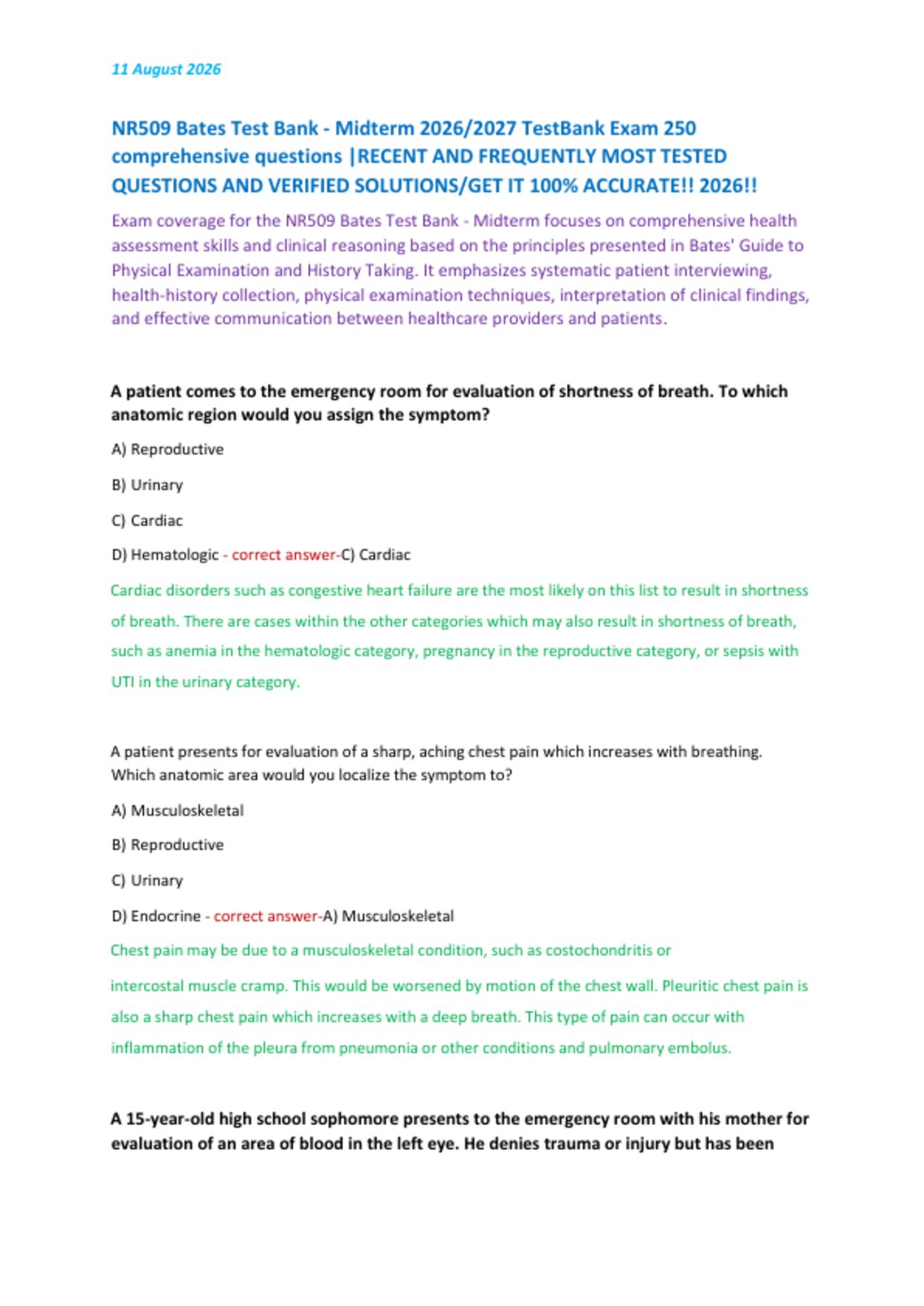 NR509 Bates Test Bank - Midterm 2026/2027 TestBank Exam 250  comprehensive questions |RECENT AND FREQUENTLY MOST TESTED  QUESTIONS AND VERIFIED SOLUTIONS/GET IT 100% ACCURATE!! 2026!!