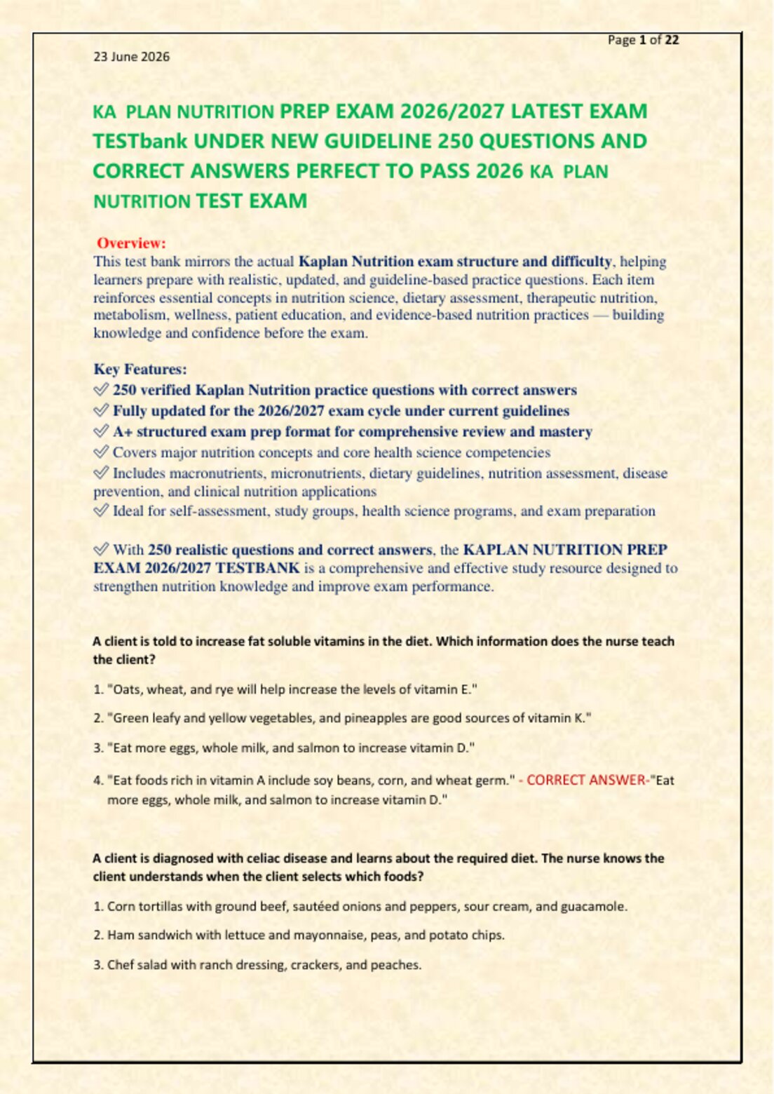 KA  PLAN NUTRITION PREP EXAM 2026/2027 LATEST EXAM   TESTbank UNDER NEW GUIDELINE 250 QUESTIONS AND   CORRECT ANSWERS PERFECT TO PASS 2026 KA  PLAN  NUTRITION TEST EXAM