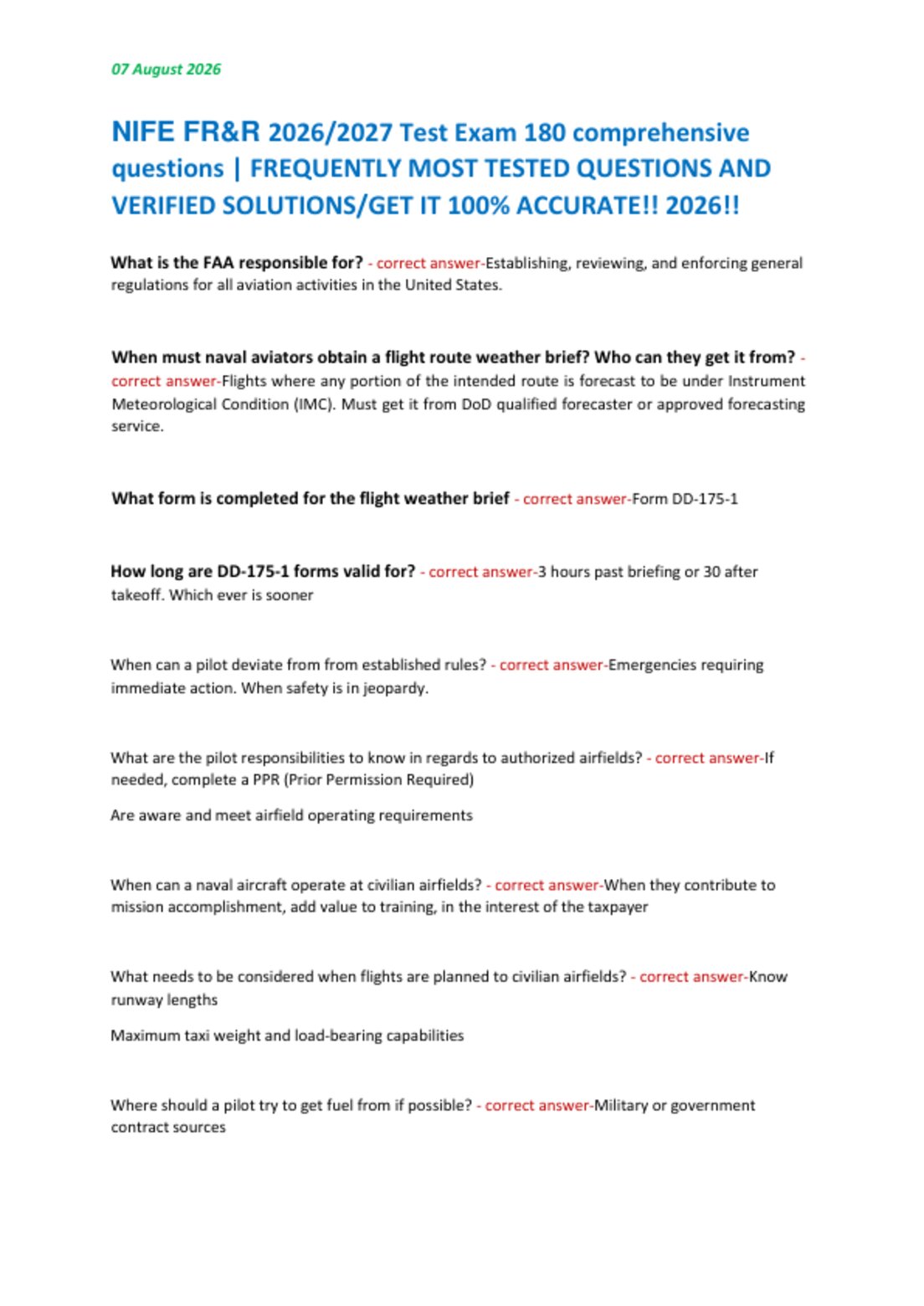 NIFE FR&R 2026/2027 Test Exam 180 comprehensive  questions | FREQUENTLY MOST TESTED QUESTIONS AND  VERIFIED SOLUTIONS/GET IT 100% ACCURATE!! 2026!!