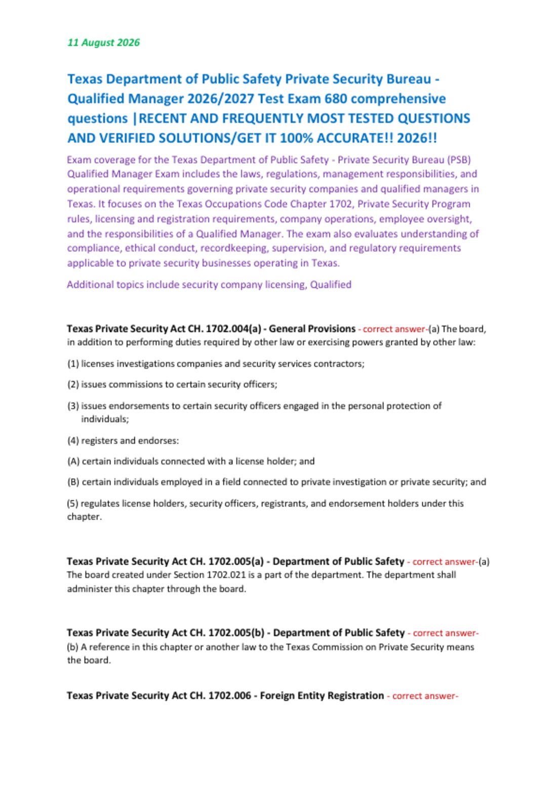Texas Department of Public Safety Private Security Bureau -  Qualified Manager 2026/2027 Test Exam 680 comprehensive  questions |RECENT AND FREQUENTLY MOST TESTED QUESTIONS  AND VERIFIED SOLUTIONS/GET IT 100% ACCURATE!! 2026!!