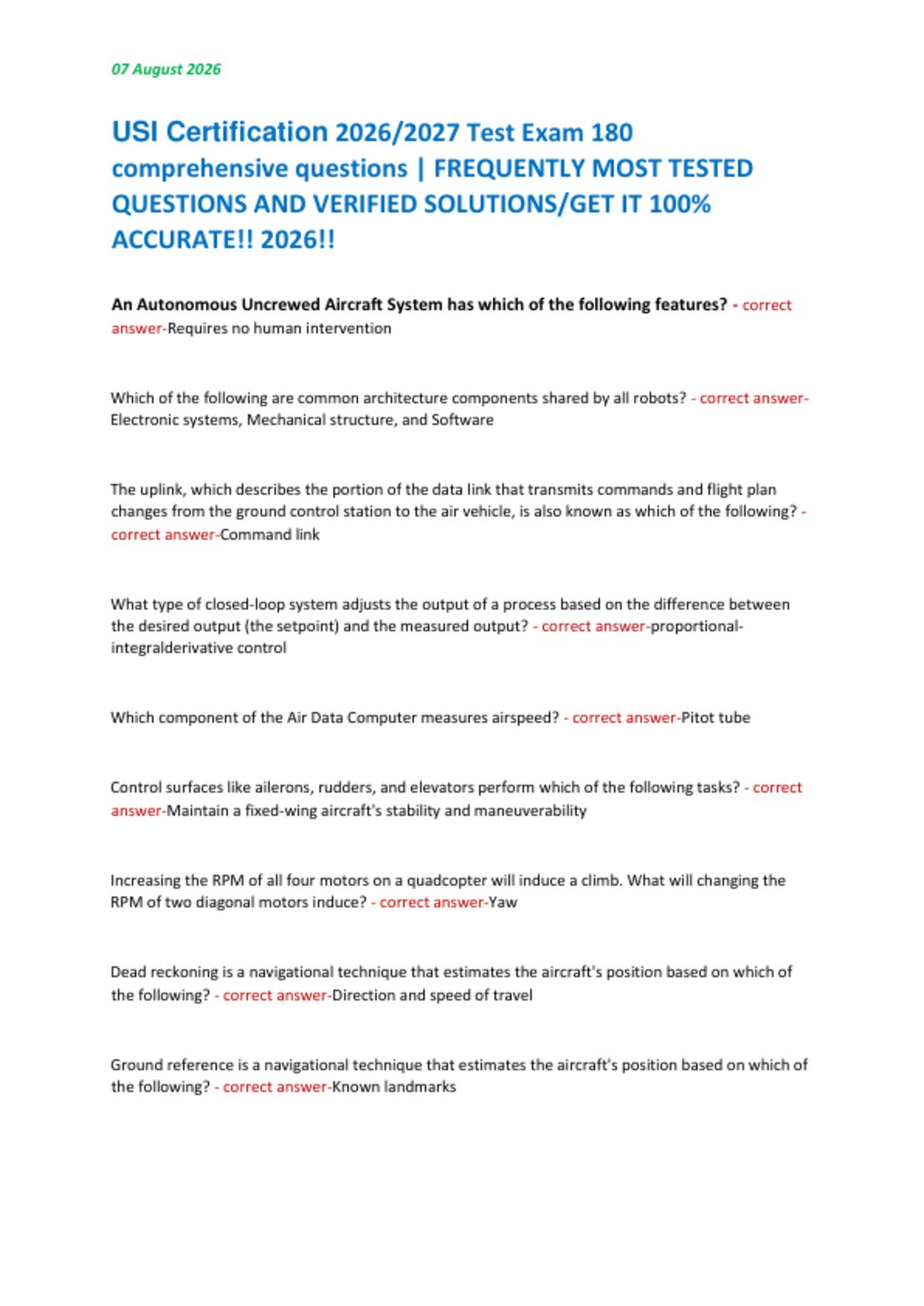 USI Certification 2026/2027 Test Exam 180  comprehensive questions | FREQUENTLY MOST TESTED  QUESTIONS AND VERIFIED SOLUTIONS/GET IT 100%  ACCURATE!! 2026!!