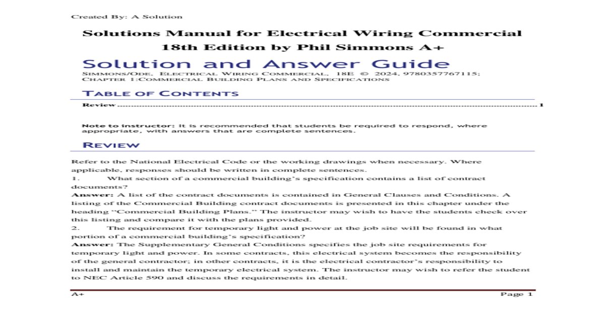 Solution Manual for Electrical Wiring Commercial, 18th Edition by Phil Simmons