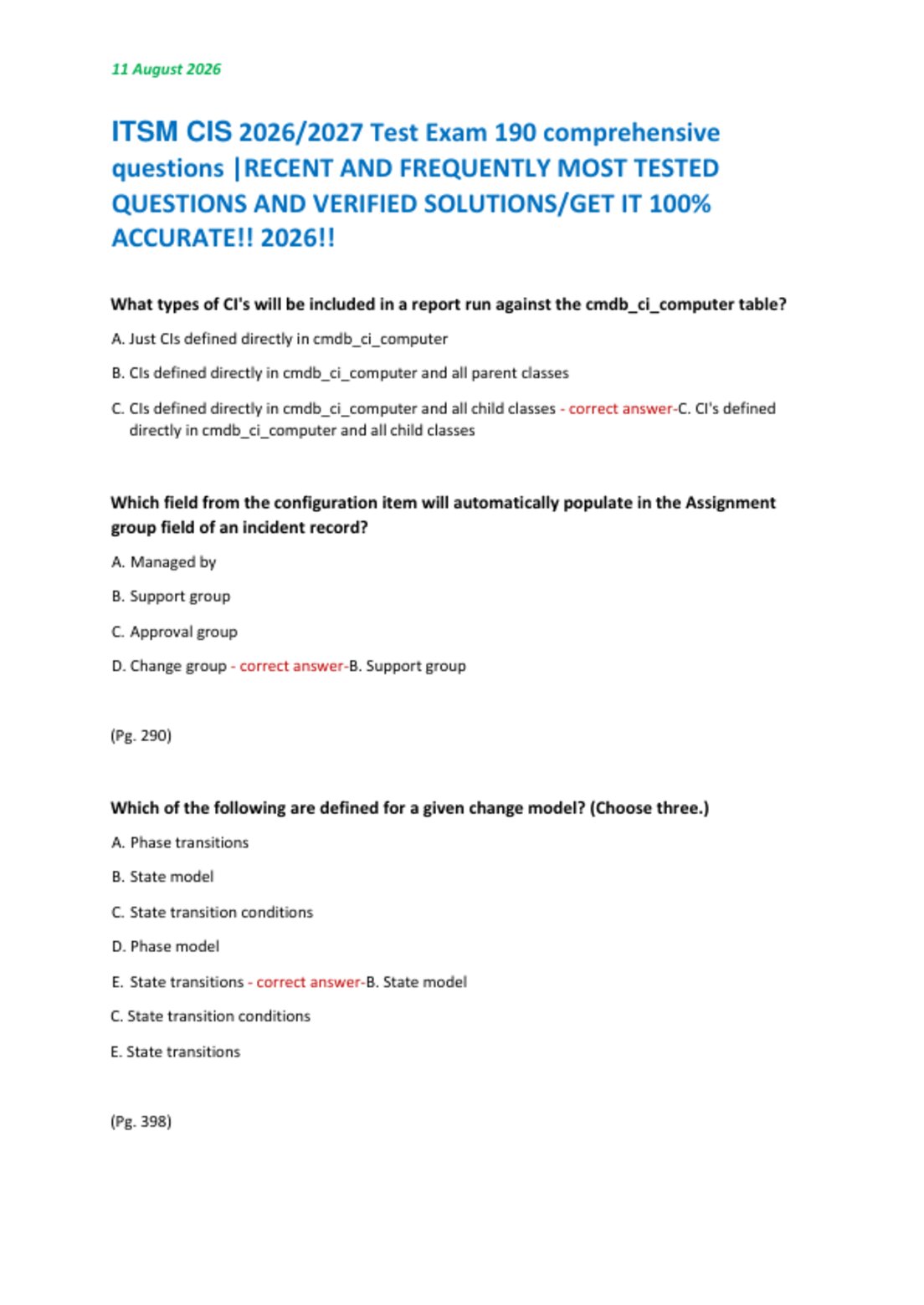 ITSM CIS 2026/2027 Test Exam 190 comprehensive  questions |RECENT AND FREQUENTLY MOST TESTED  QUESTIONS AND VERIFIED SOLUTIONS/GET IT 100%  ACCURATE!! 2026!!