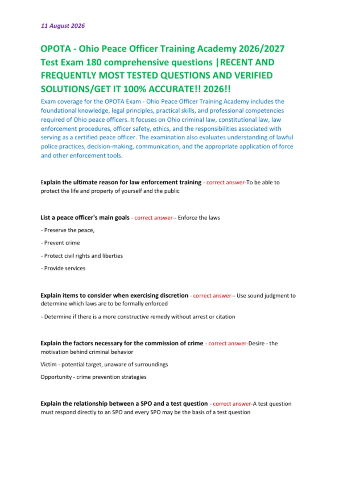 OPOTA - Ohio Peace Officer Training Academy 2026/2027   Test Exam 180 comprehensive questions |RECENT AND  FREQUENTLY MOST TESTED QUESTIONS AND VERIFIED  SOLUTIONS/GET IT 100% ACCURATE!! 2026!!