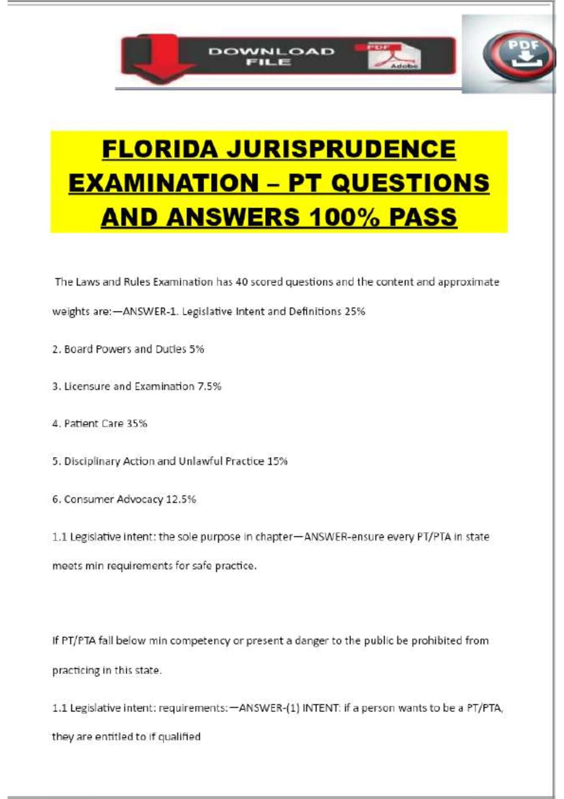 FLORIDA JURISPRUDENCE EXAMINATION – PT QUESTIONS AND ANSWERS 100% PASS