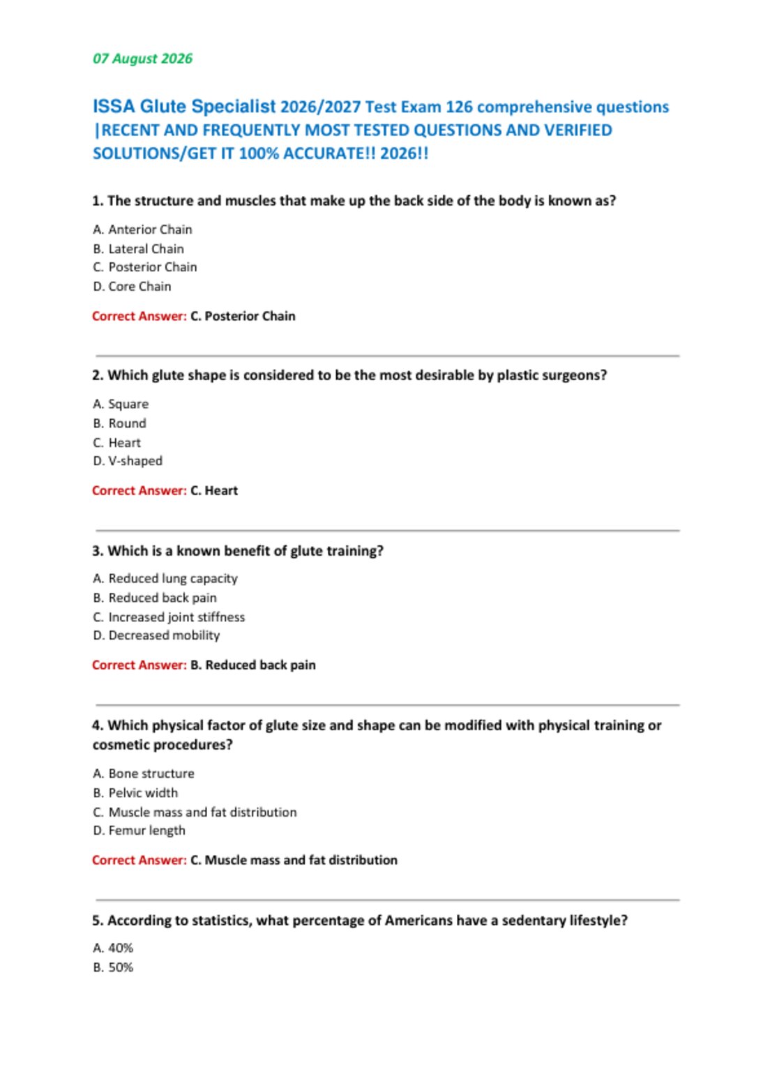 ISSA Glute Specialist 2026/2027 Test Exam 126 comprehensive questions  |RECENT AND FREQUENTLY MOST TESTED QUESTIONS AND VERIFIED  SOLUTIONS/GET IT 100% ACCURATE!! 2026!!