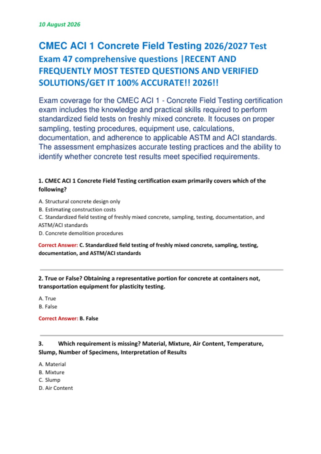 CMEC ACI 1 Concrete Field Testing 2026/2027 Test   Exam 47 comprehensive questions |RECENT AND  FREQUENTLY MOST TESTED QUESTIONS AND VERIFIED  SOLUTIONS/GET IT 100% ACCURATE!! 2026!!