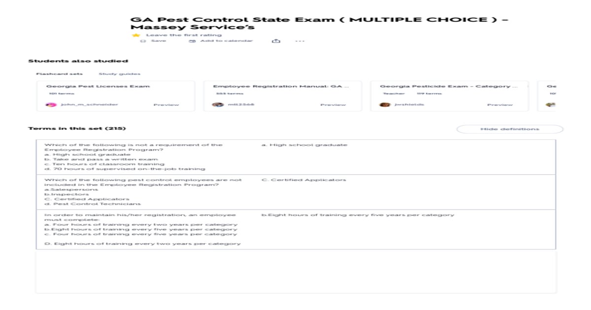 Georgia Pest Control Certification – Practice Test 2025/26 Edition – 100% Correct Questions and Answers with Rationales – State Licensing Exam preview