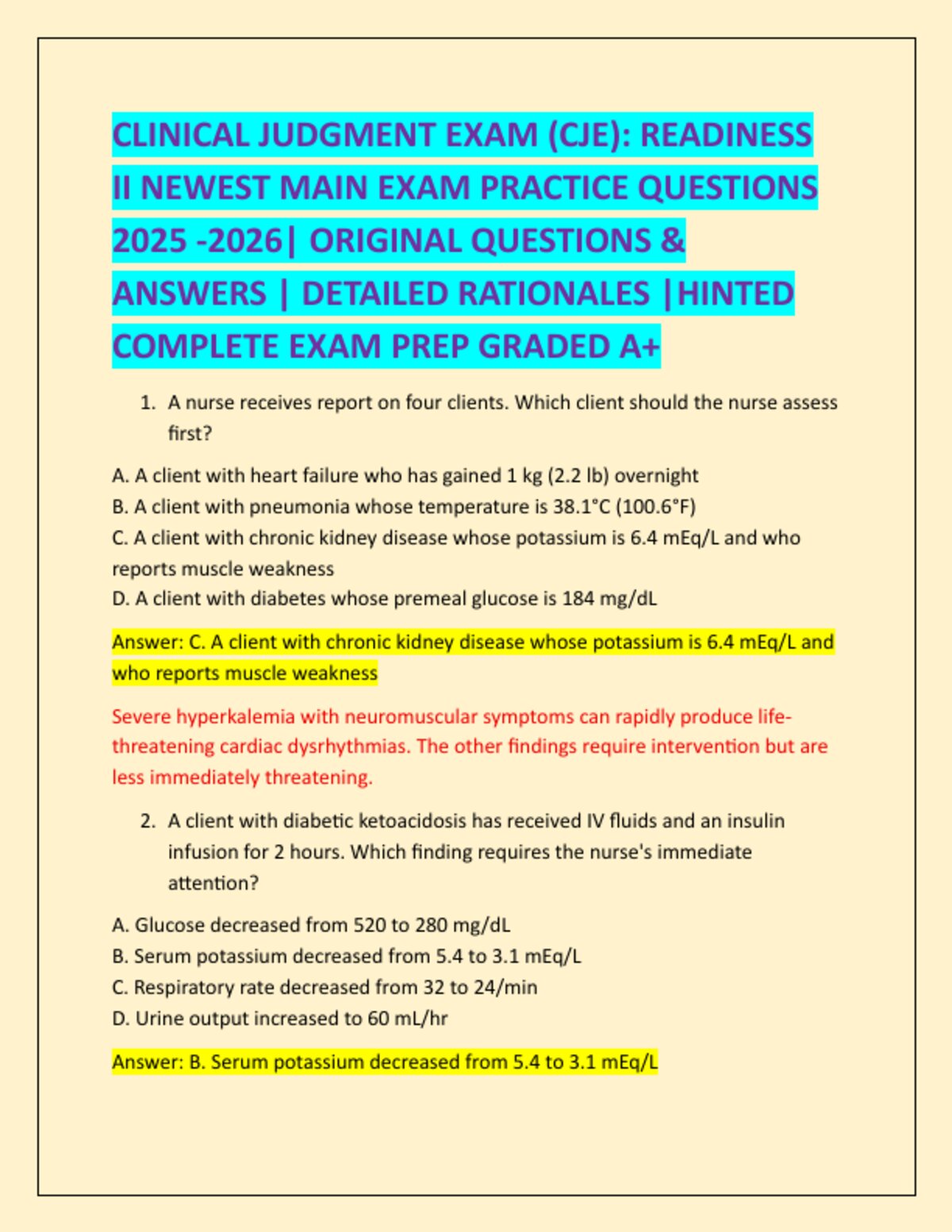 CLINICAL JUDGMENT EXAM (CJE): READINESS  II NEWEST MAIN EXAM PRACTICE QUESTIONS  2025 -2026| ORIGINAL QUESTIONS &  ANSWERS | DETAILED RATIONALES |HINTED  COMPLETE EXAM PREP GRADED A+ preview