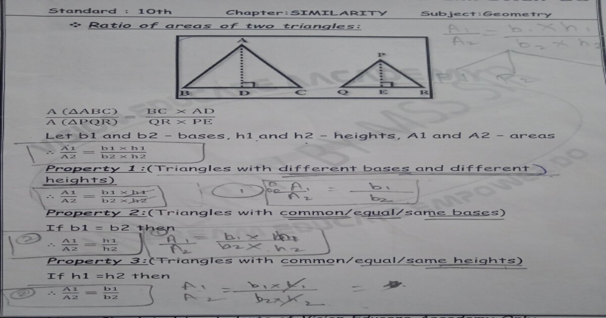 Document Details Subject: Geometry Chapter: Similarity Key Topics: Ratio of areas of triangles, Basic Proportionality Theorem (B.P.T), Angle Bisector Property, and Tests of Similarity (SSS, SAS, AA).