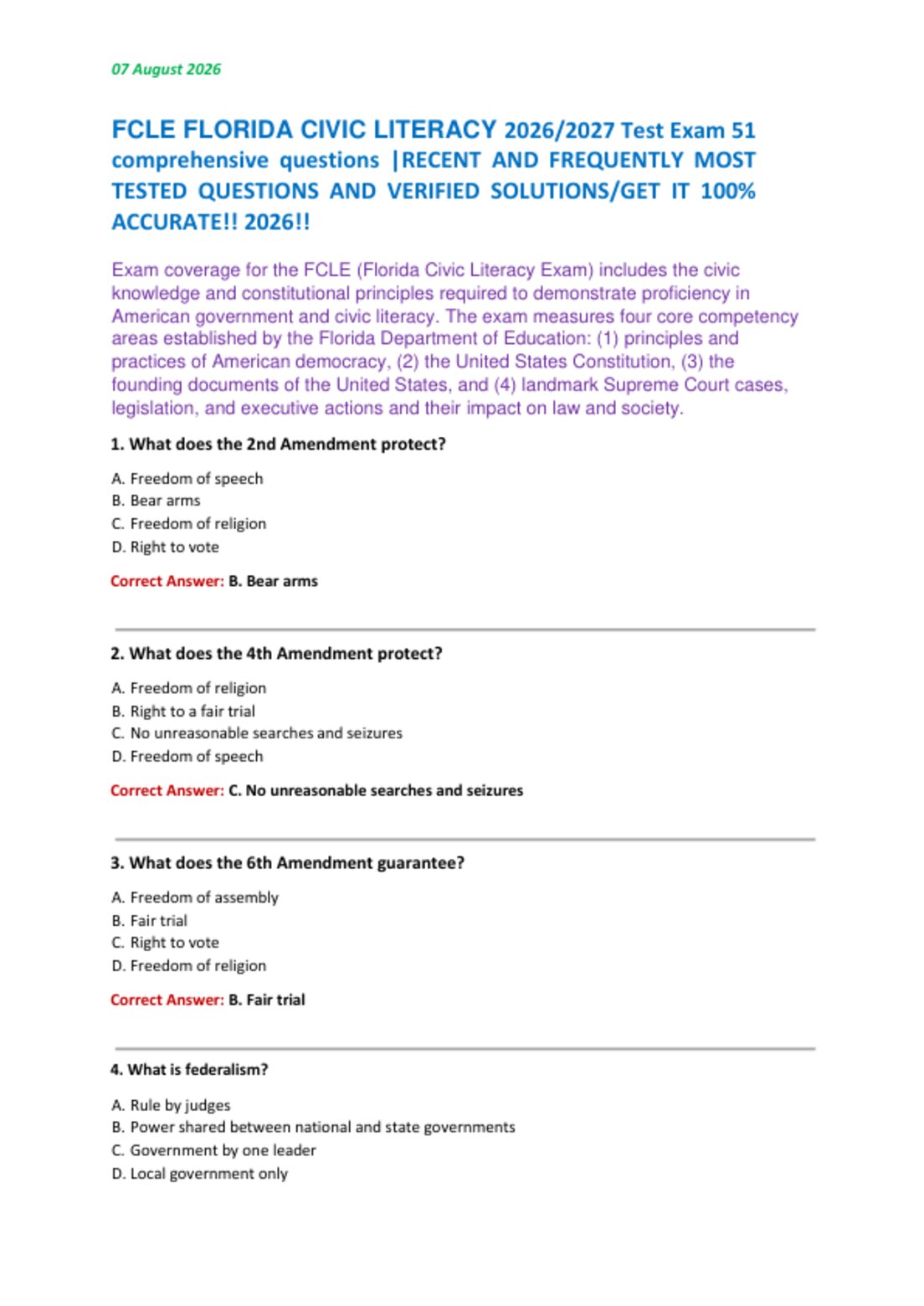 FCLE FLORIDA CIVIC LITERACY 2026/2027 Test Exam 51  comprehensive questions |RECENT AND FREQUENTLY MOST  TESTED QUESTIONS AND VERIFIED SOLUTIONS/GET IT 100%  ACCURATE!! 2026!!