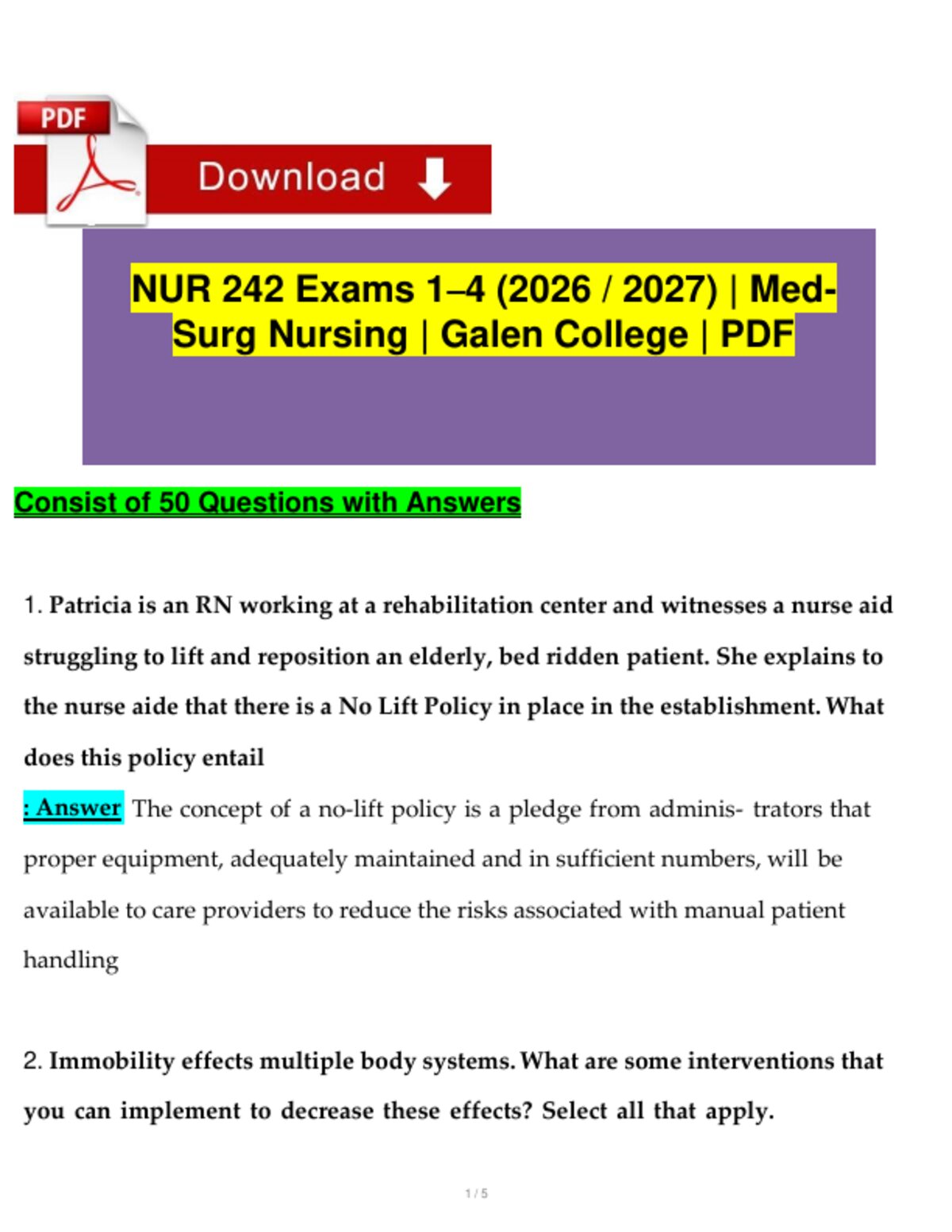 NUR 242 Exams 1–4 (2026 / 2027) | Med-Surg Nursing | Galen College | PDF