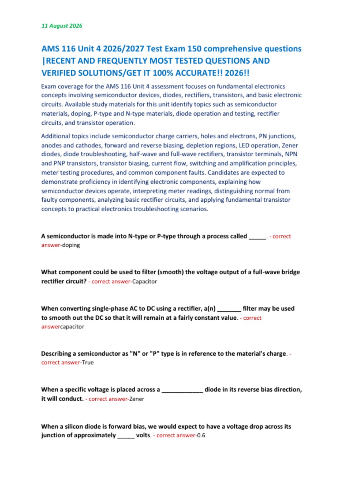 AMS 116 Unit 4 2026/2027 Test Exam 150 comprehensive questions  |RECENT AND FREQUENTLY MOST TESTED QUESTIONS AND  VERIFIED SOLUTIONS/GET IT 100% ACCURATE!! 2026!!