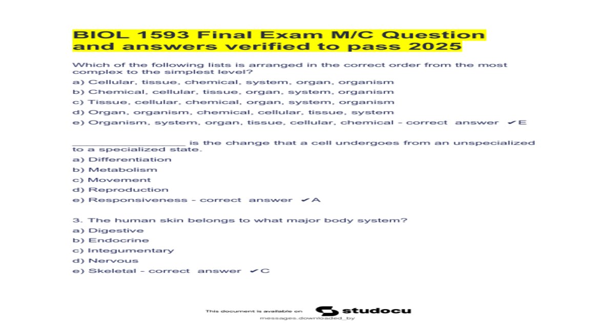 BIOL 1593 FINAL EXAM NEWEST 2025/2026 QUESTIONS AND CORRECT ANSWERS (VERIFIED ANSWERS) | ANATOMY AND PHYSIOLOGY | THOMPSON RIVERS UNIVERSITY