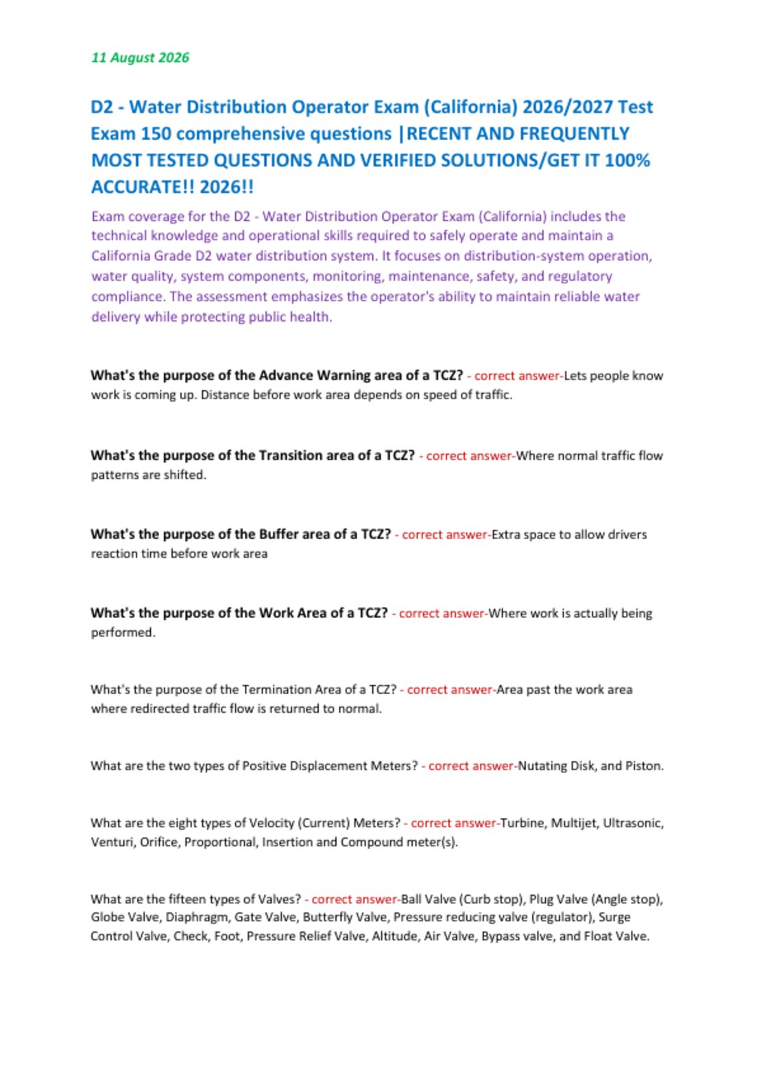 D2 - Water Distribution Operator Exam (California) 2026/2027 Test   Exam 150 comprehensive questions |RECENT AND FREQUENTLY  MOST TESTED QUESTIONS AND VERIFIED SOLUTIONS/GET IT 100%  ACCURATE!! 2026!!