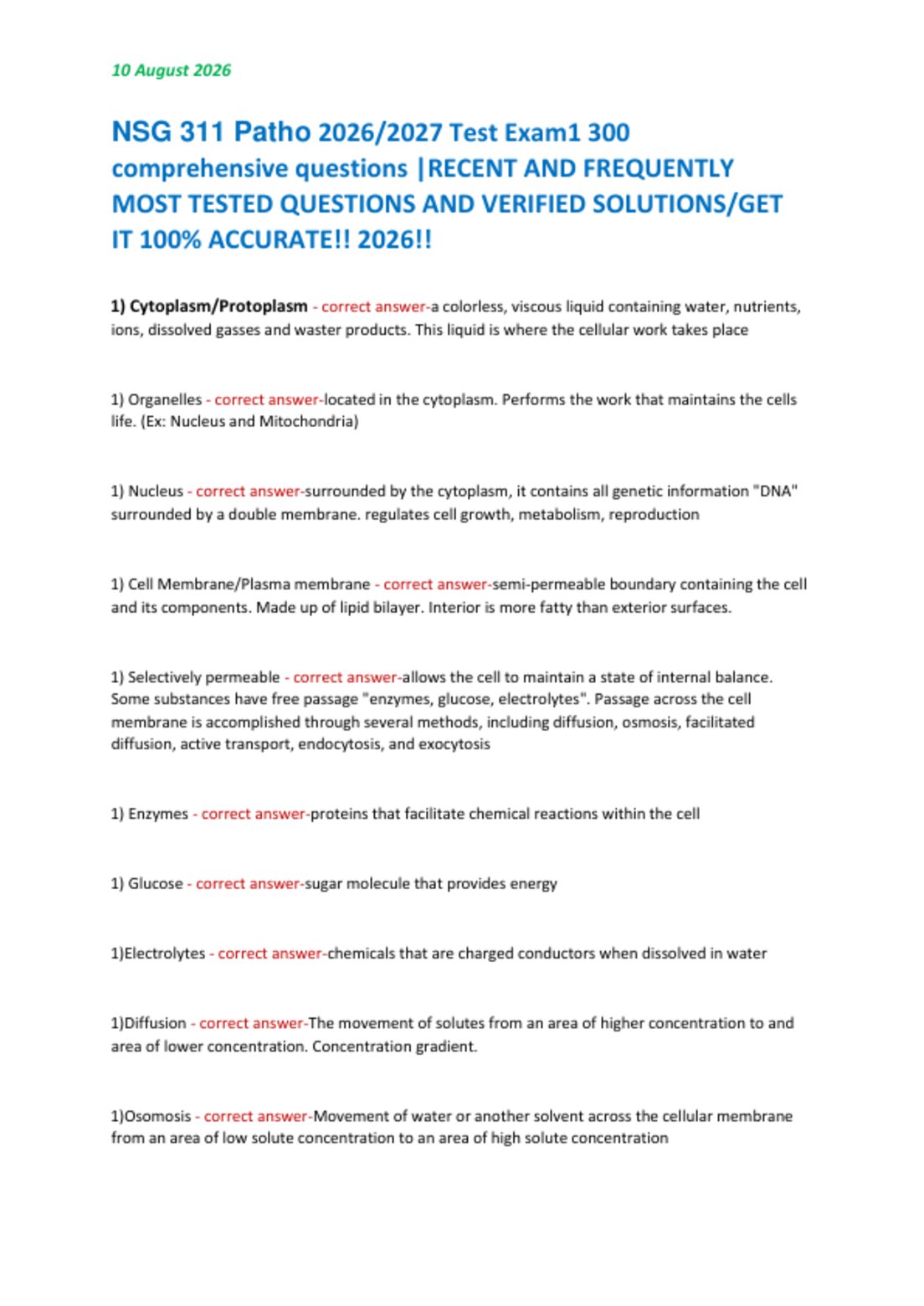 NSG 311 Patho 2026/2027 Test Exam1 300  comprehensive questions |RECENT AND FREQUENTLY  MOST TESTED QUESTIONS AND VERIFIED SOLUTIONS/GET  IT 100% ACCURATE!! 2026!!
