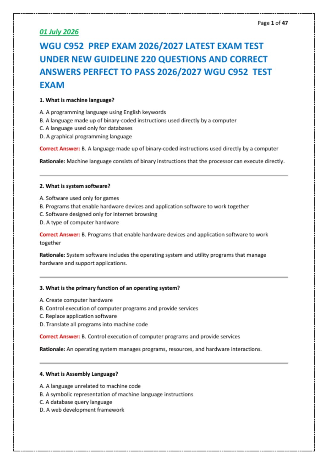 WGU C952  PREP EXAM 2026/2027 LATEST EXAM TEST  UNDER NEW GUIDELINE 220 QUESTIONS AND CORRECT  ANSWERS PERFECT TO PASS 2026/2027 WGU C952  TEST  EXAM
