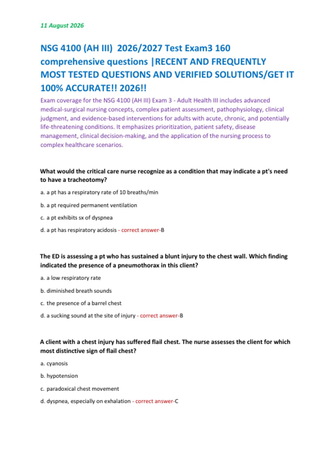 NSG 4100 (AH III)  2026/2027 Test Exam3 160  comprehensive questions |RECENT AND FREQUENTLY  MOST TESTED QUESTIONS AND VERIFIED SOLUTIONS/GET IT  100% ACCURATE!! 2026!!