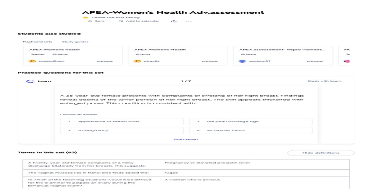 APEA WOMEN’S HEALTH FINAL EXAM AND PRACTICE EXAM NEWEST
