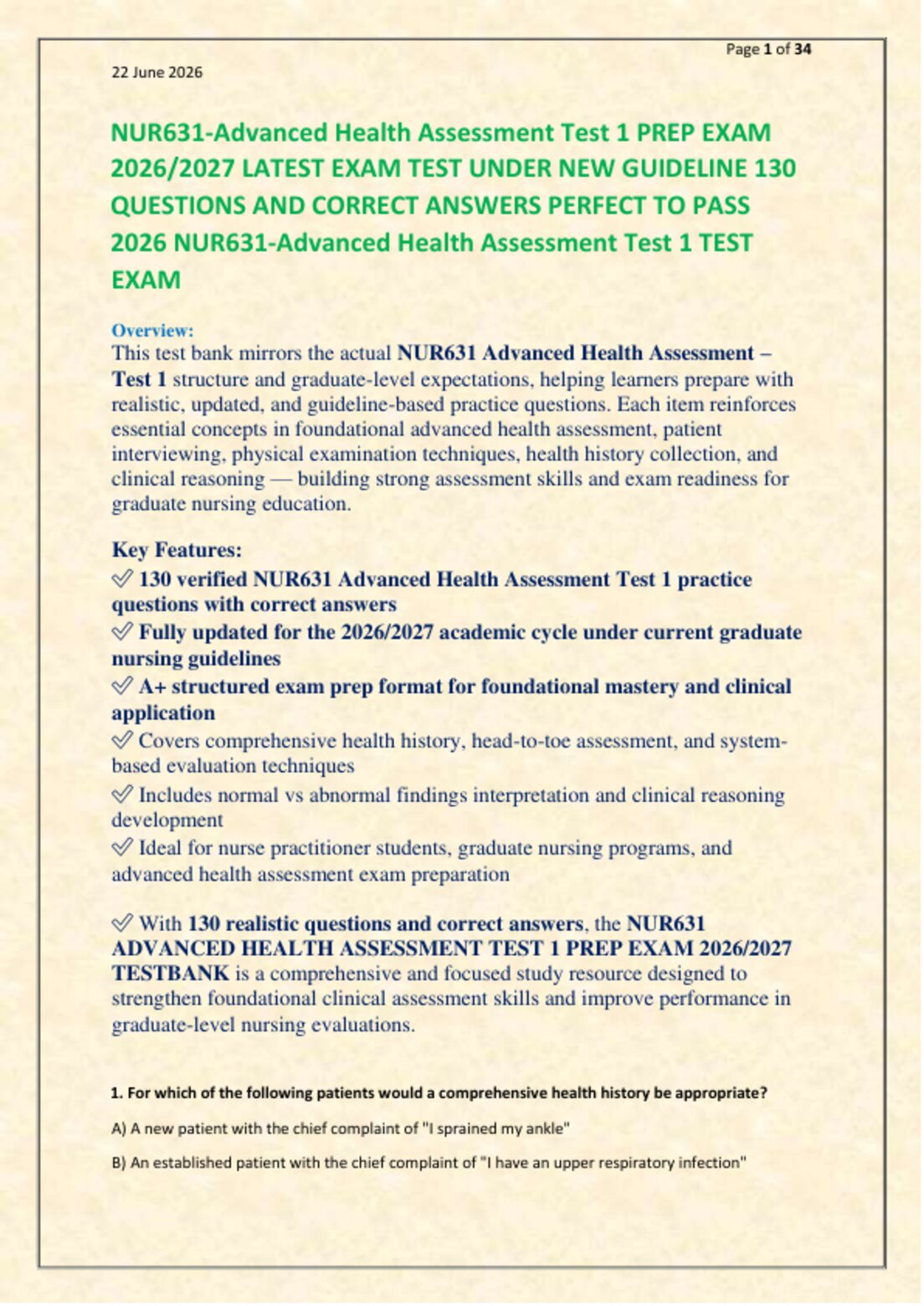 NUR631-Advanced Health Assessment Test 1 PREP EXAM   2026/2027 LATEST EXAM TEST UNDER NEW GUIDELINE 130   QUESTIONS AND CORRECT ANSWERS PERFECT TO PASS   2026 NUR631-Advanced Health Assessment Test 1 TEST  EXAM preview