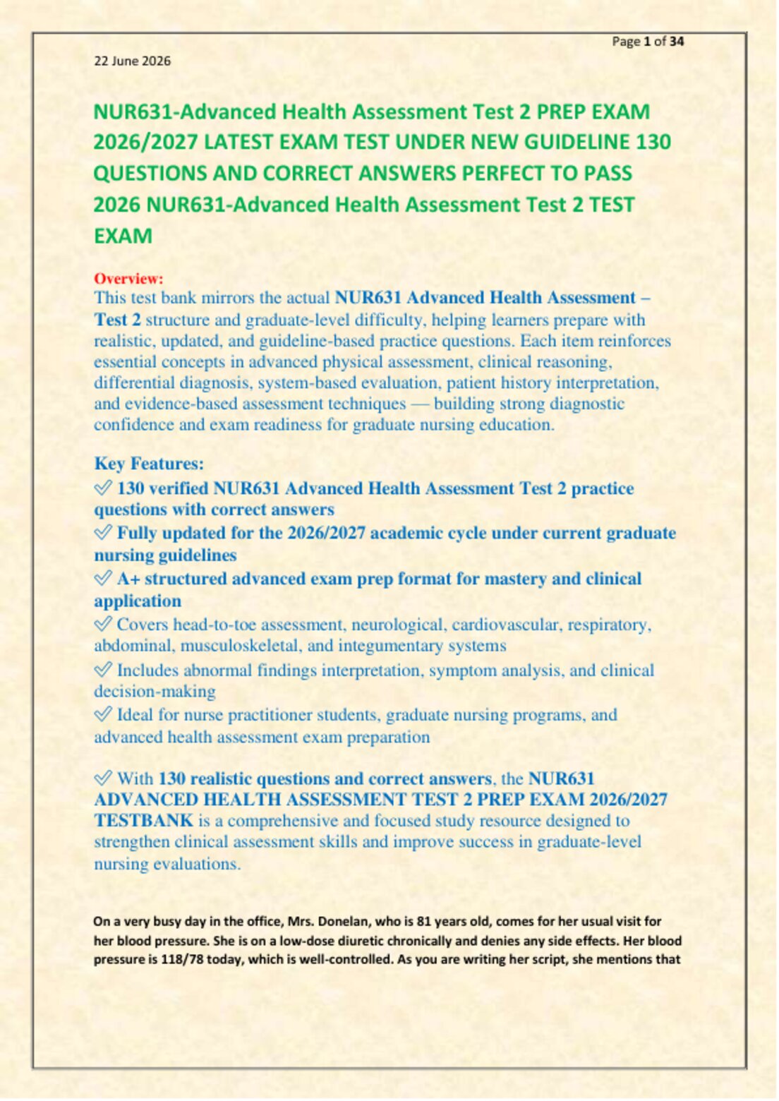 NUR631-Advanced Health Assessment Test 2 PREP EXAM   2026/2027 LATEST EXAM TEST UNDER NEW GUIDELINE 130   QUESTIONS AND CORRECT ANSWERS PERFECT TO PASS   2026 NUR631-Advanced Health Assessment Test 2 TEST  EXAM preview