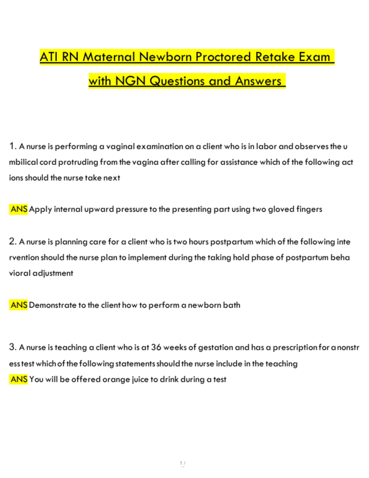 Ati rn maternal newborn proctored retake exam preview
