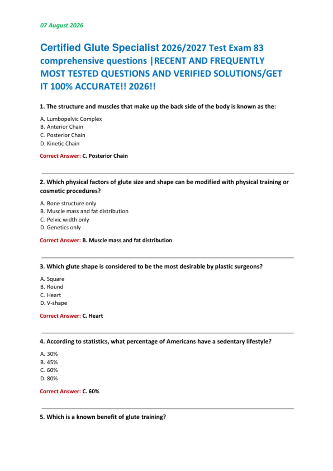 Certified Glute Specialist 2026/2027 Test Exam 83  comprehensive questions |RECENT AND FREQUENTLY  MOST TESTED QUESTIONS AND VERIFIED SOLUTIONS/GET  IT 100% ACCURATE!! 2026!!