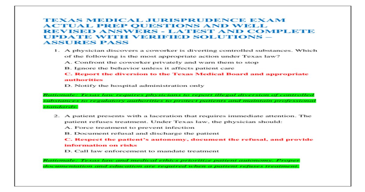 Texas medical jurisprudence exam actual prep questions and well revised answers