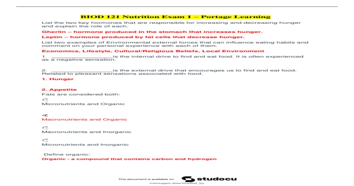 BIOD 121 Essentials in Nutrition Module 1 Exam Questions and Answers 2026/2027 (100% Verified)- Portage Learning preview