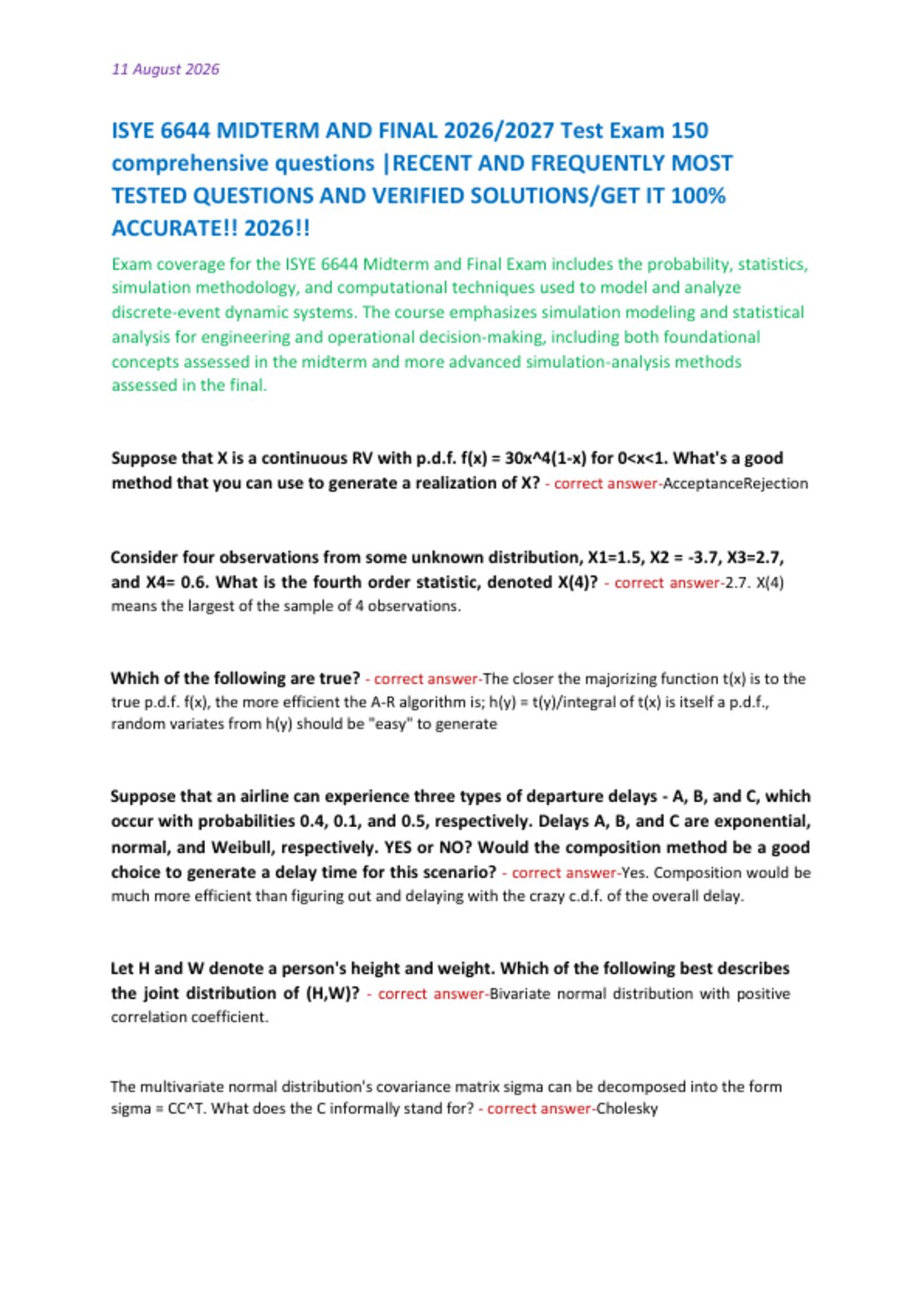 ISYE 6644 MIDTERM AND FINAL 2026/2027 Test Exam 150  comprehensive questions |RECENT AND FREQUENTLY MOST  TESTED QUESTIONS AND VERIFIED SOLUTIONS/GET IT 100%  ACCURATE!! 2026!!