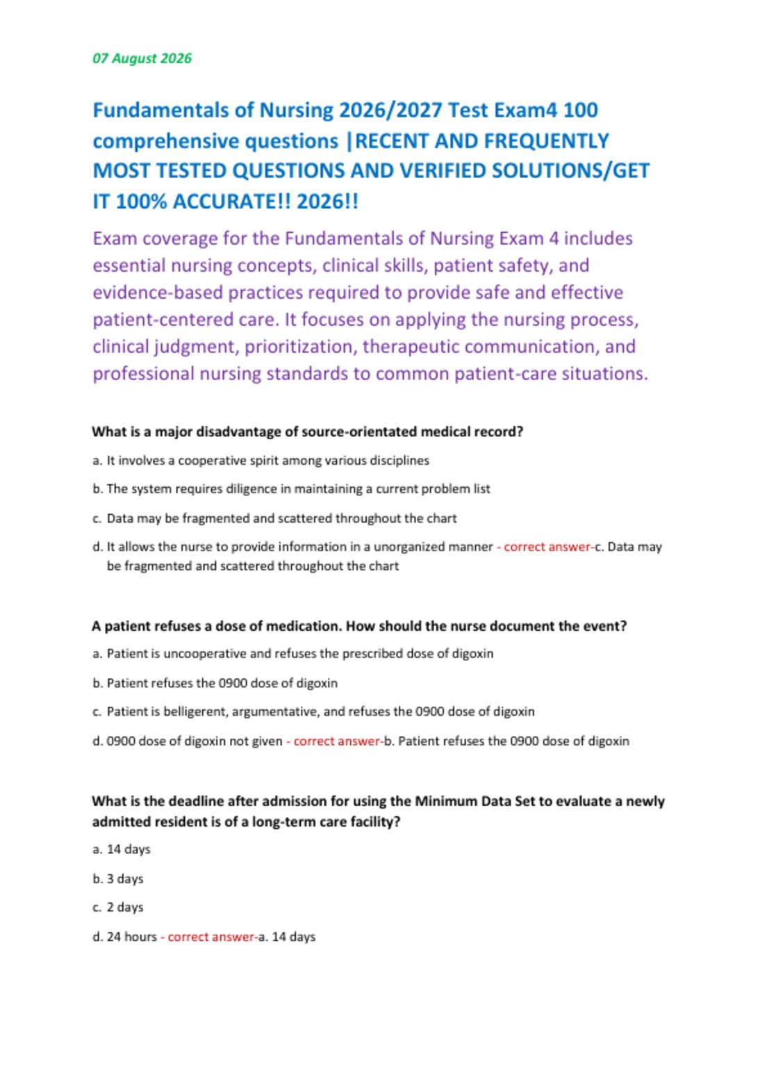 Fundamentals of Nursing 2026/2027 Test Exam4 100  comprehensive questions |RECENT AND FREQUENTLY  MOST TESTED QUESTIONS AND VERIFIED SOLUTIONS/GET  IT 100% ACCURATE!! 2026!!