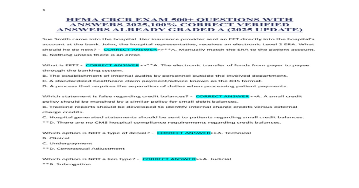 HFMA CRCR EXAM 500+ QUESTIONS WITH ANSWERS 2025,100% CORRECT VERIFIED ANSWERS ALREADY GRADED A (2025 UPDATE)