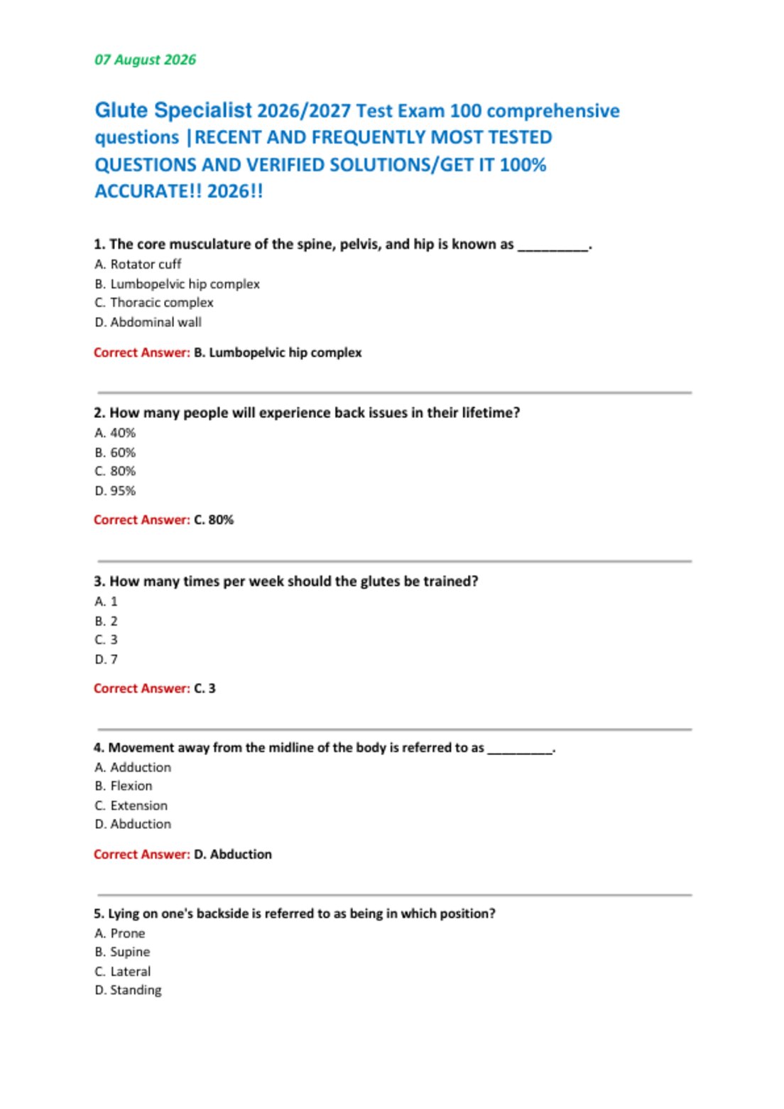 Glute Specialist 2026/2027 Test Exam 100 comprehensive  questions |RECENT AND FREQUENTLY MOST TESTED  QUESTIONS AND VERIFIED SOLUTIONS/GET IT 100%  ACCURATE!! 2026!!