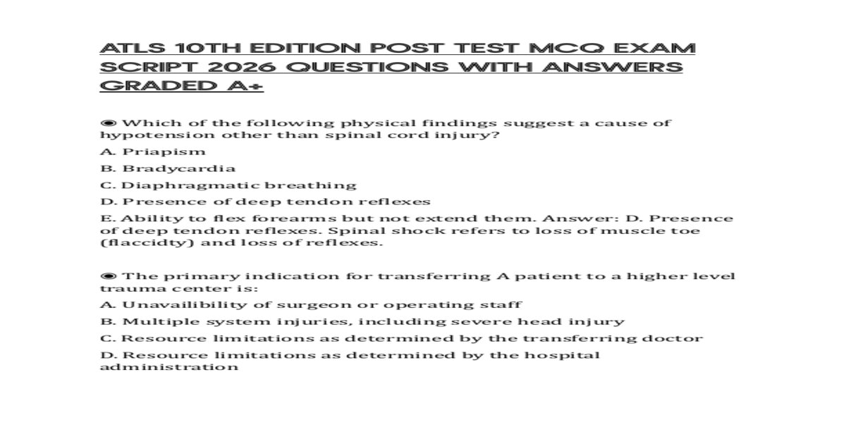 Atls 10th edition post test mcq exam script 2026