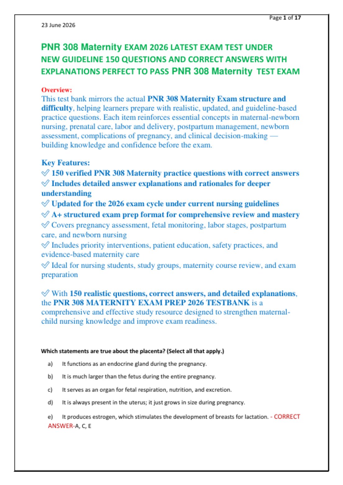 PNR 308 Maternity EXAM 2026 LATEST EXAM TEST UNDER   NEW GUIDELINE 150 QUESTIONS AND CORRECT ANSWERS WITH   EXPLANATIONS PERFECT TO PASS PNR 308 Maternity  TEST EXAM