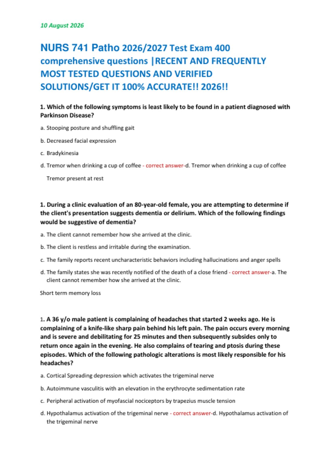 NURS 741 Patho 2026/2027 Test Exam 400  comprehensive questions |RECENT AND FREQUENTLY  MOST TESTED QUESTIONS AND VERIFIED  SOLUTIONS/GET IT 100% ACCURATE!! 2026!!
