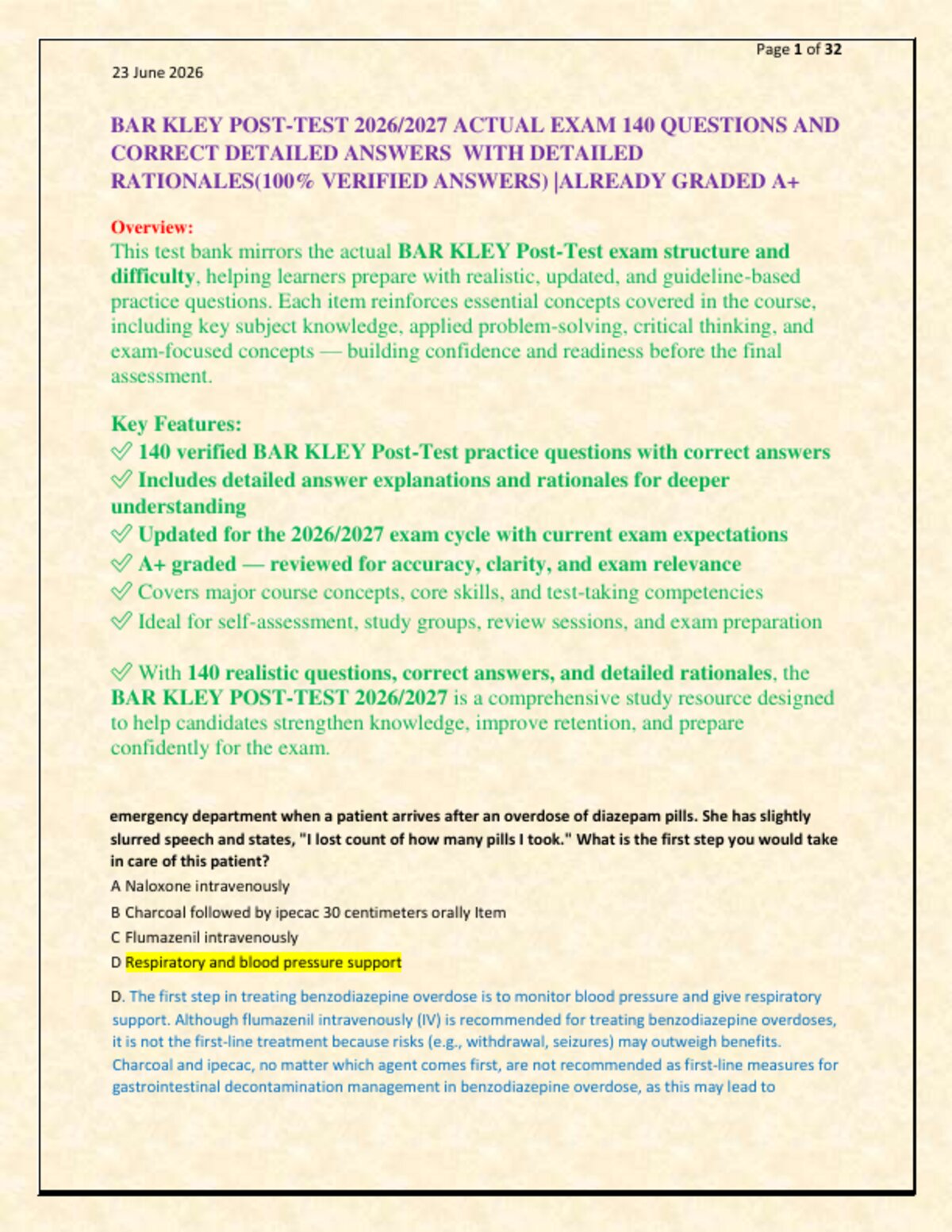 BAR KLEY POST-TEST 2026/2027 ACTUAL EXAM 140 QUESTIONS AND   CORRECT DETAILED ANSWERS  WITH DETAILED   RATIONALES(100% VERIFIED ANSWERS) |ALREADY GRADED A+