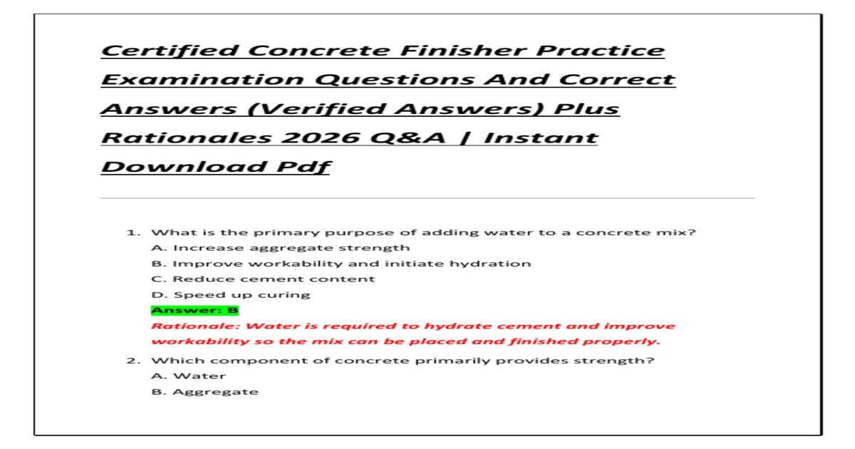 Certified concrete finisher practice examination questions and correct answers