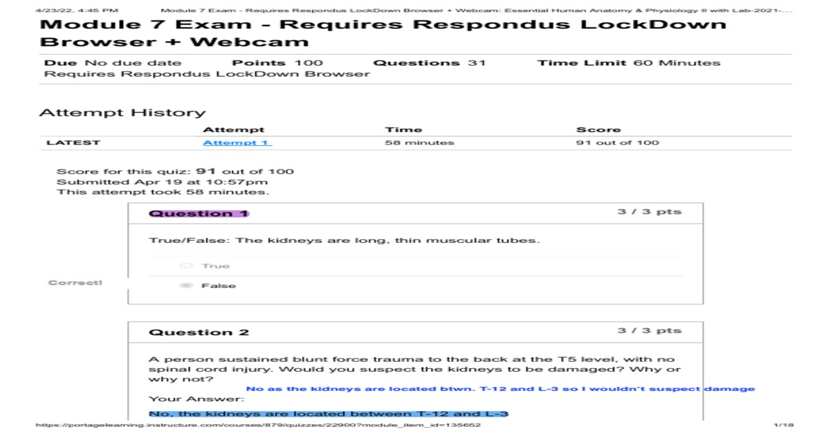 BIOL251 Human Anatomy & Physiology I w/Lab 2026 | Module 7 Exam Review |70+ Questions and Answers Summary |LockDown Browser |Portage Learning