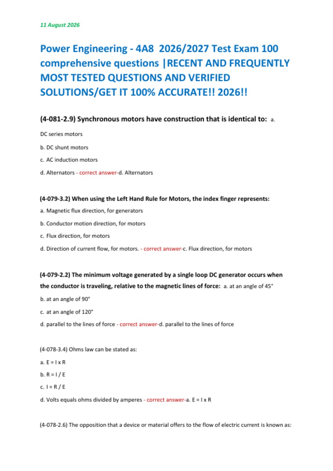 Power Engineering - 4A8  2026/2027 Test Exam 100  comprehensive questions |RECENT AND FREQUENTLY  MOST TESTED QUESTIONS AND VERIFIED  SOLUTIONS/GET IT 100% ACCURATE!! 2026!!