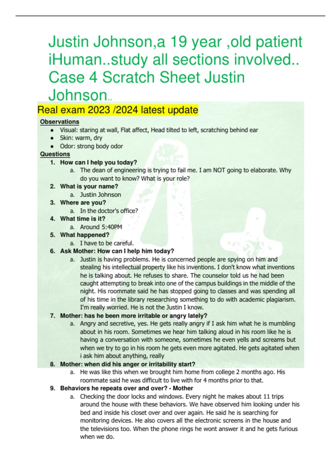 Justin Johnson,a 19 year ,old patient iHuman..study all sections involved.. Case 4 Scratch Sheet preview
