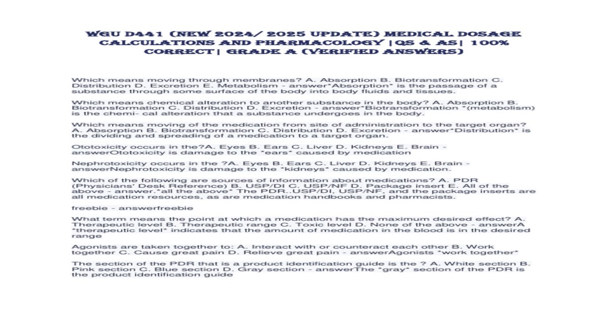 WGU Pharmacology D441 OA Actual Question and Correct Detailed | Latest Update