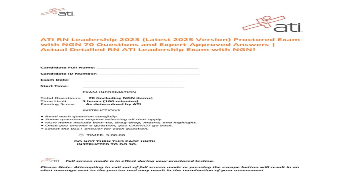 ATI RN Leadership Proctored Exam 2023-2026 with NGN (70 and Answers) - Complete for RN Leadership 2025