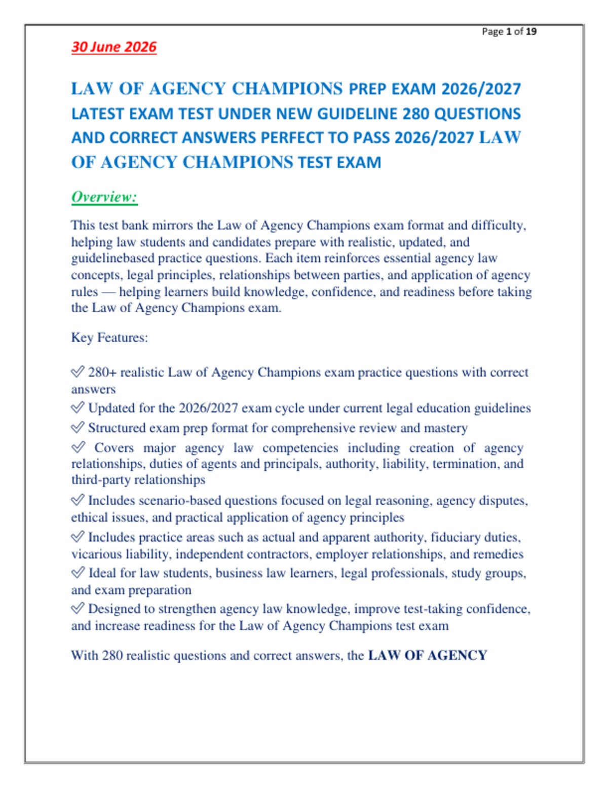 LAW OF AGENCY CHAMPIONS PREP EXAM 2026/2027  LATEST EXAM TEST UNDER NEW GUIDELINE 280 QUESTIONS  AND CORRECT ANSWERS PERFECT TO PASS 2026/2027 LAW  OF AGENCY CHAMPIONS TEST EXAM