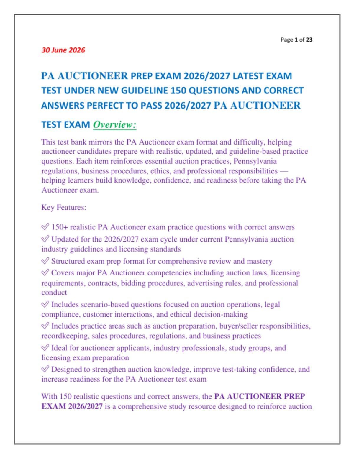 PA AUCTIONEER PREP EXAM 2026/2027 LATEST EXAM  TEST UNDER NEW GUIDELINE 150 QUESTIONS AND CORRECT   ANSWERS PERFECT TO PASS 2026/2027 PA AUCTIONEER  TEST EXAM