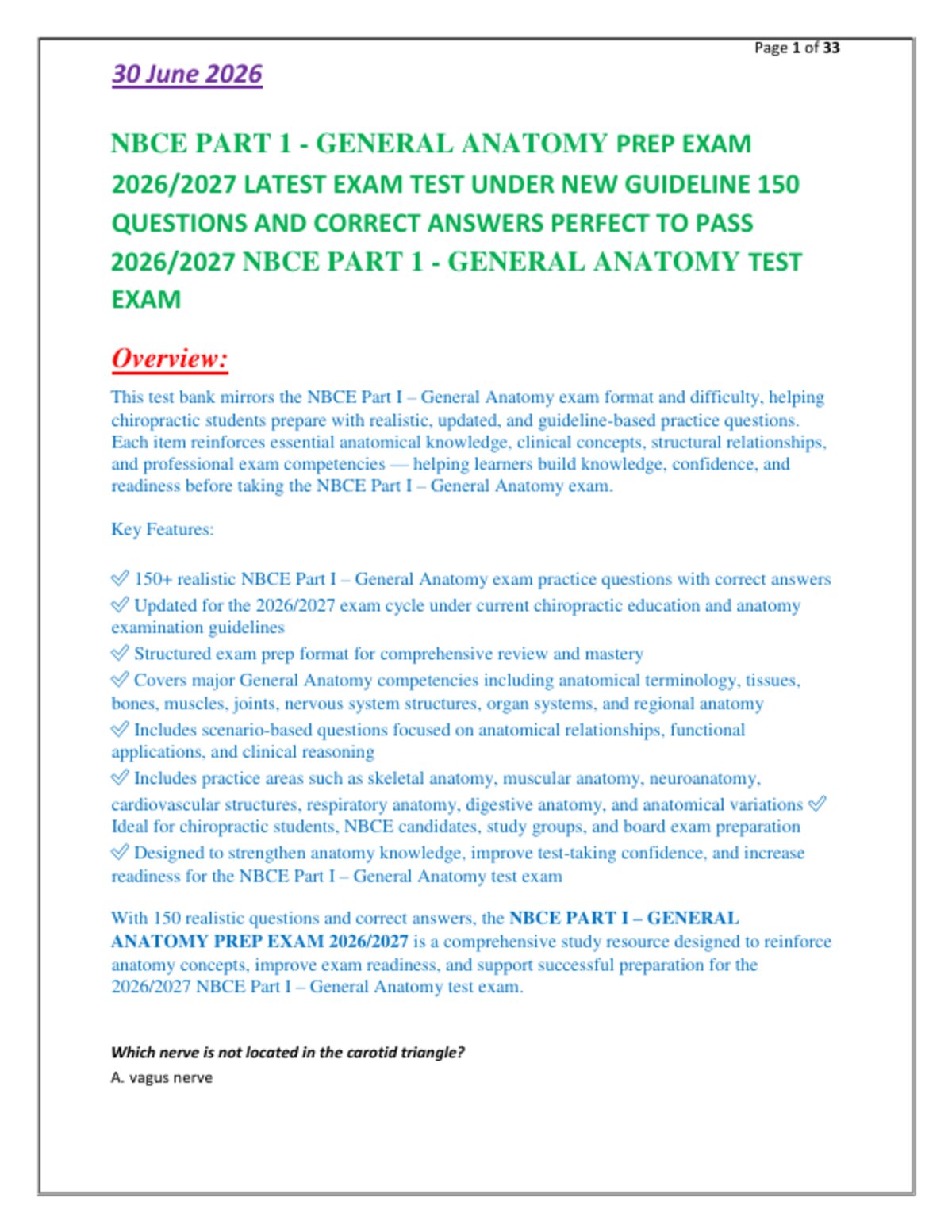 NBCE PART 1 - GENERAL ANATOMY PREP EXAM   2026/2027 LATEST EXAM TEST UNDER NEW GUIDELINE 150  QUESTIONS AND CORRECT ANSWERS PERFECT TO PASS   2026/2027 NBCE PART 1 - GENERAL ANATOMY TEST  EXAM