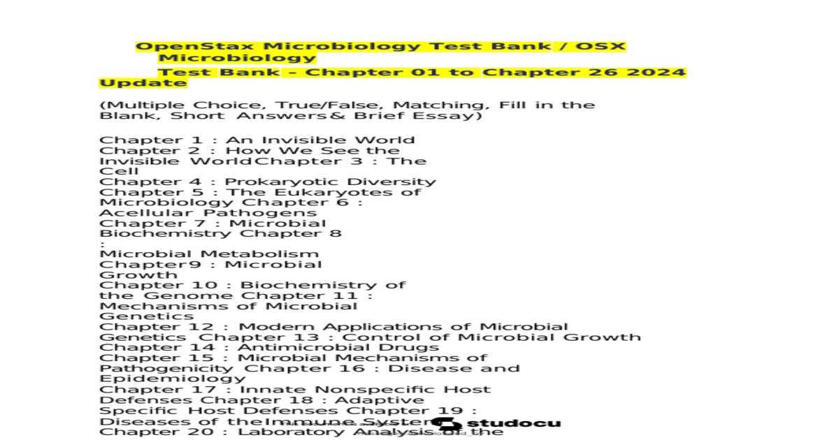 Test Bank For Microbiology by OpenStax 978-1938168147 Chapter 1-26 Complete Guide.