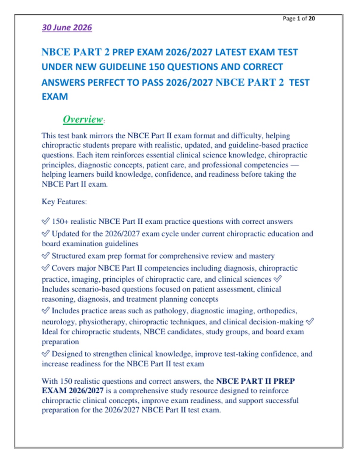 NBCE PART 2 PREP EXAM 2026/2027 LATEST EXAM TEST   UNDER NEW GUIDELINE 150 QUESTIONS AND CORRECT   ANSWERS PERFECT TO PASS 2026/2027 NBCE PART 2  TEST  EXAM