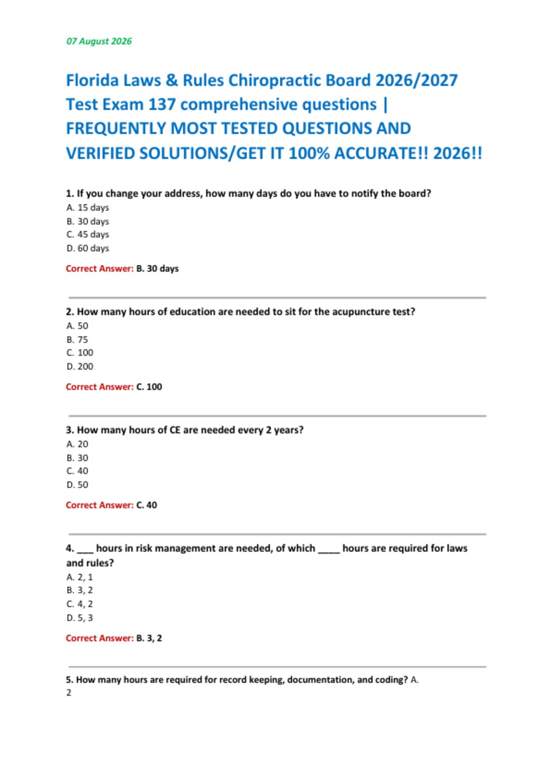 Florida Laws & Rules Chiropractic Board 2026/2027   Test Exam 137 comprehensive questions |   FREQUENTLY MOST TESTED QUESTIONS AND   VERIFIED SOLUTIONS/GET IT 100% ACCURATE!! 2026!!
